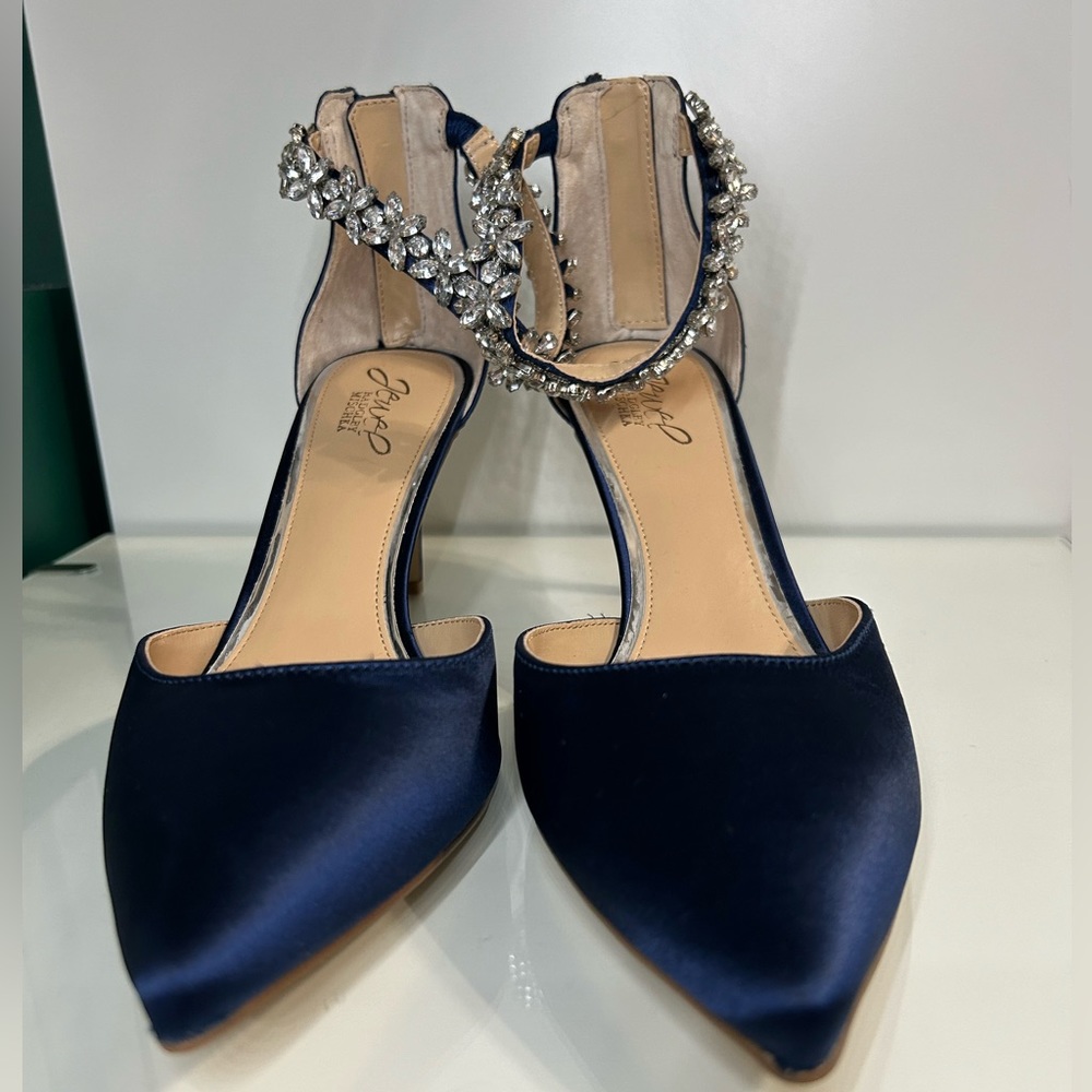 Badgley Mischka Raleigh Pointed Toe Pumps Blue Satin - Picture 5 of 11